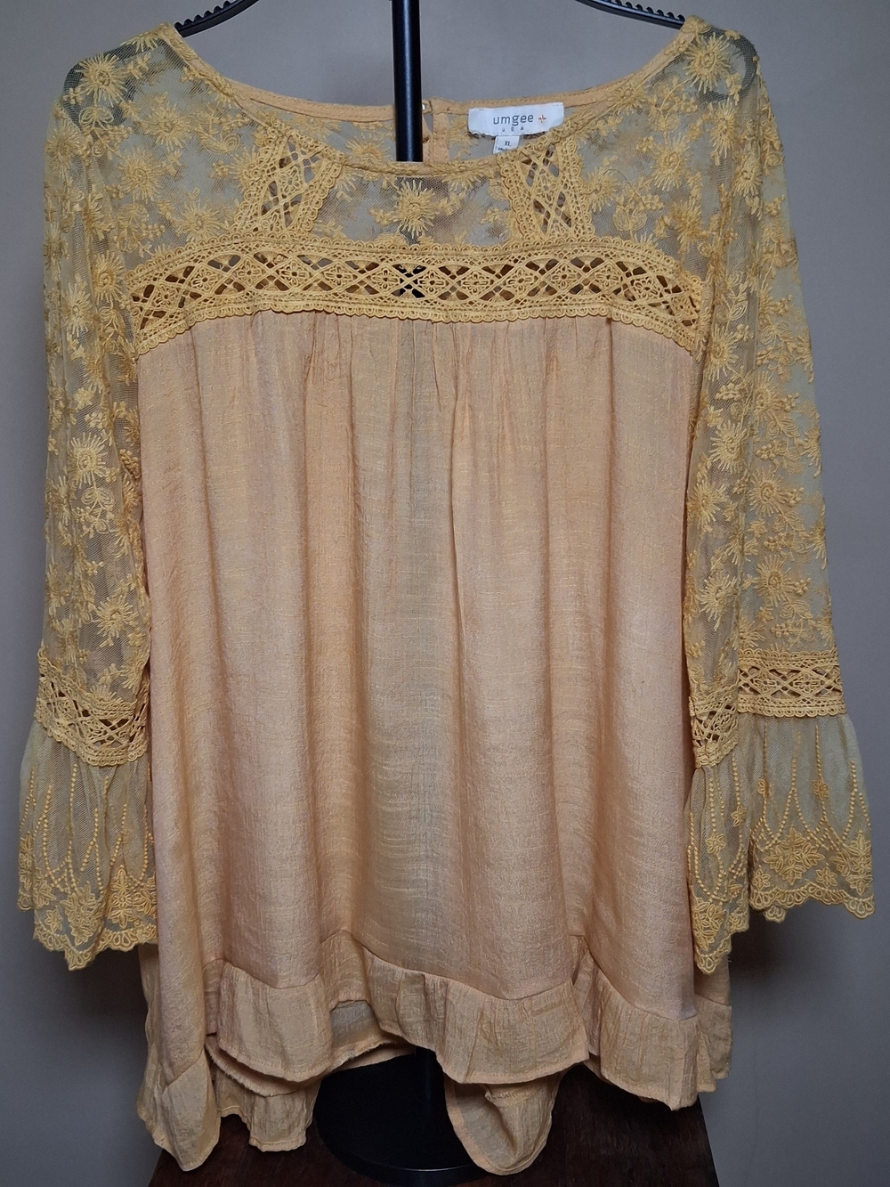 Umgee Women’s Yellow Romantic Boho Blouse W/Lace Sleeves & Neckline; Size XL